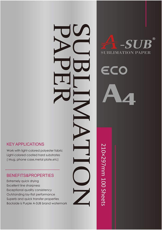 A-SUB Papier de sublimation A4, 210x297 mm, 100 feuilles, 125 g/m², Compatible avec les imprimantes à sublimation EPSON, SAWGRASS, RICOH, BROTHER