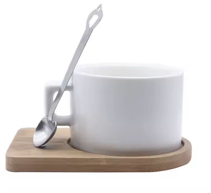 Tasse en porcelaine blanche 6oz avec assiette en bambou et cuillère en métal précommande